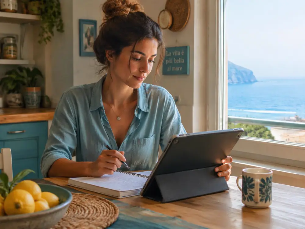 Donna che organizza il budget di casa con un tablet vicino a una finestra sul mare