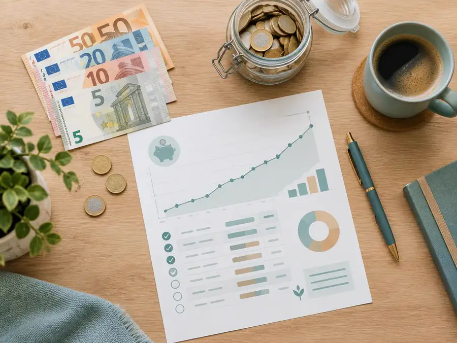 Banconote in euro, barattolo di monete e piano di risparmio stampato su una scrivania